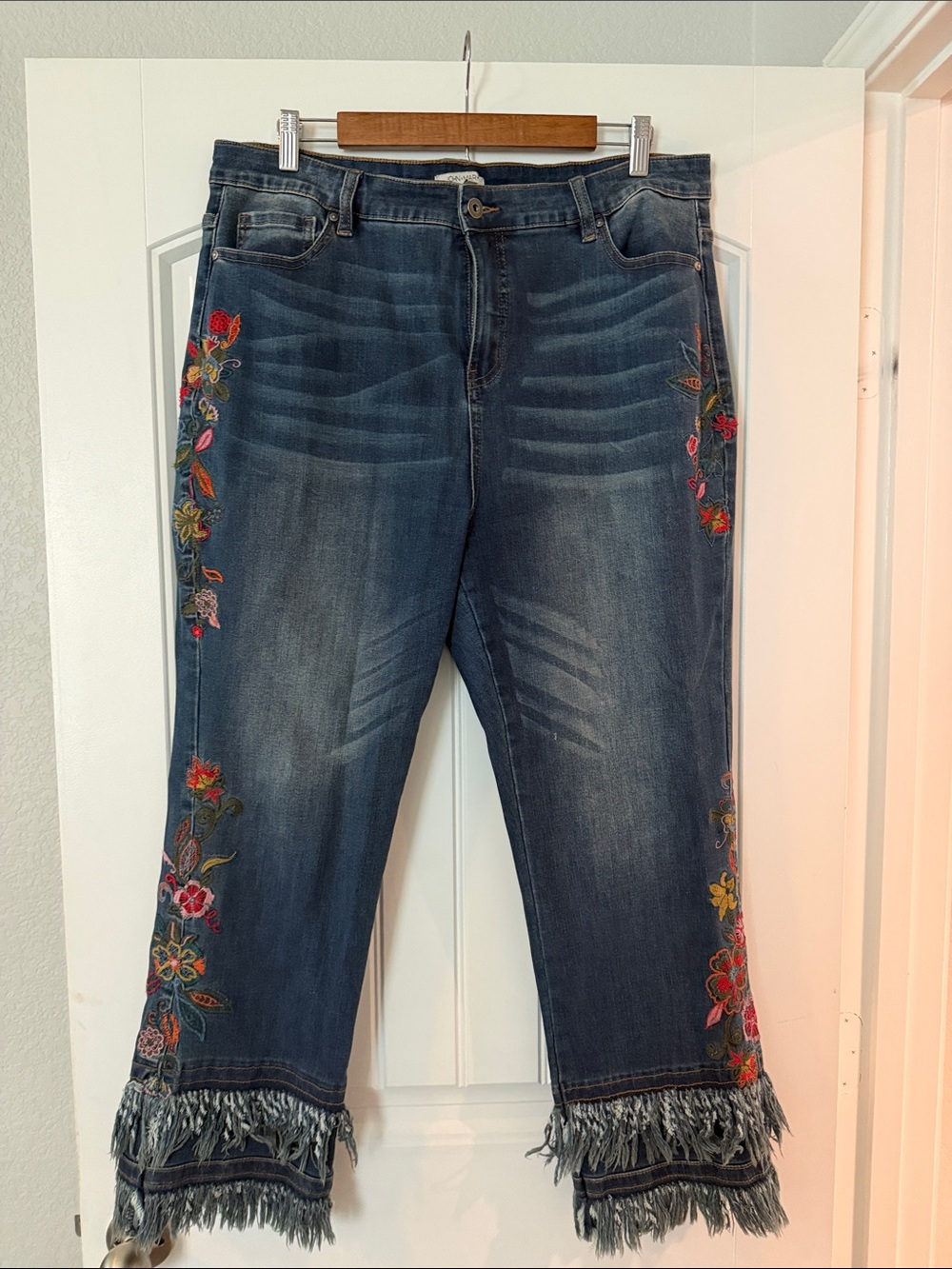 John Mark Dark Blue Flare Jeans with Colorful Floral Embroidery & Fringed Hem